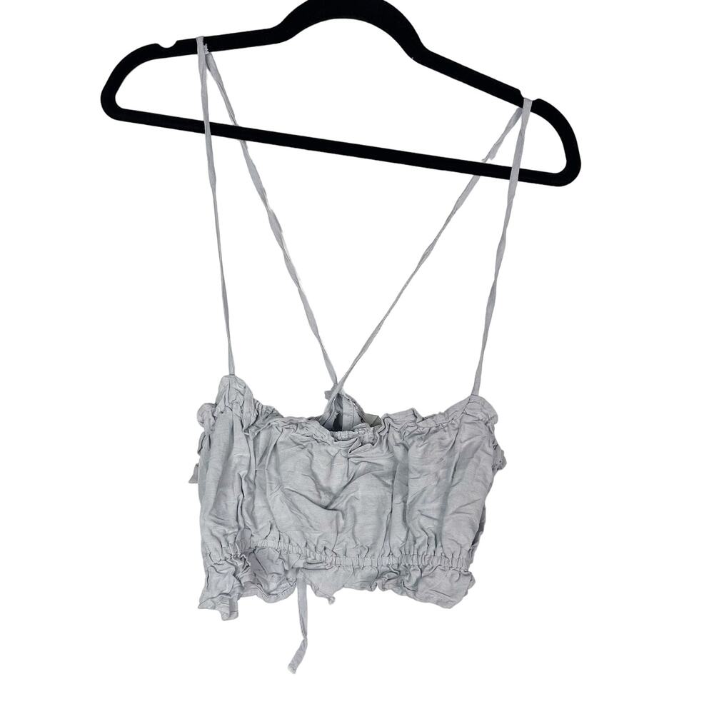 H&M Womens Small Light Blue Grey Camisole Crop Top Tank Ruffled Open Back Woven